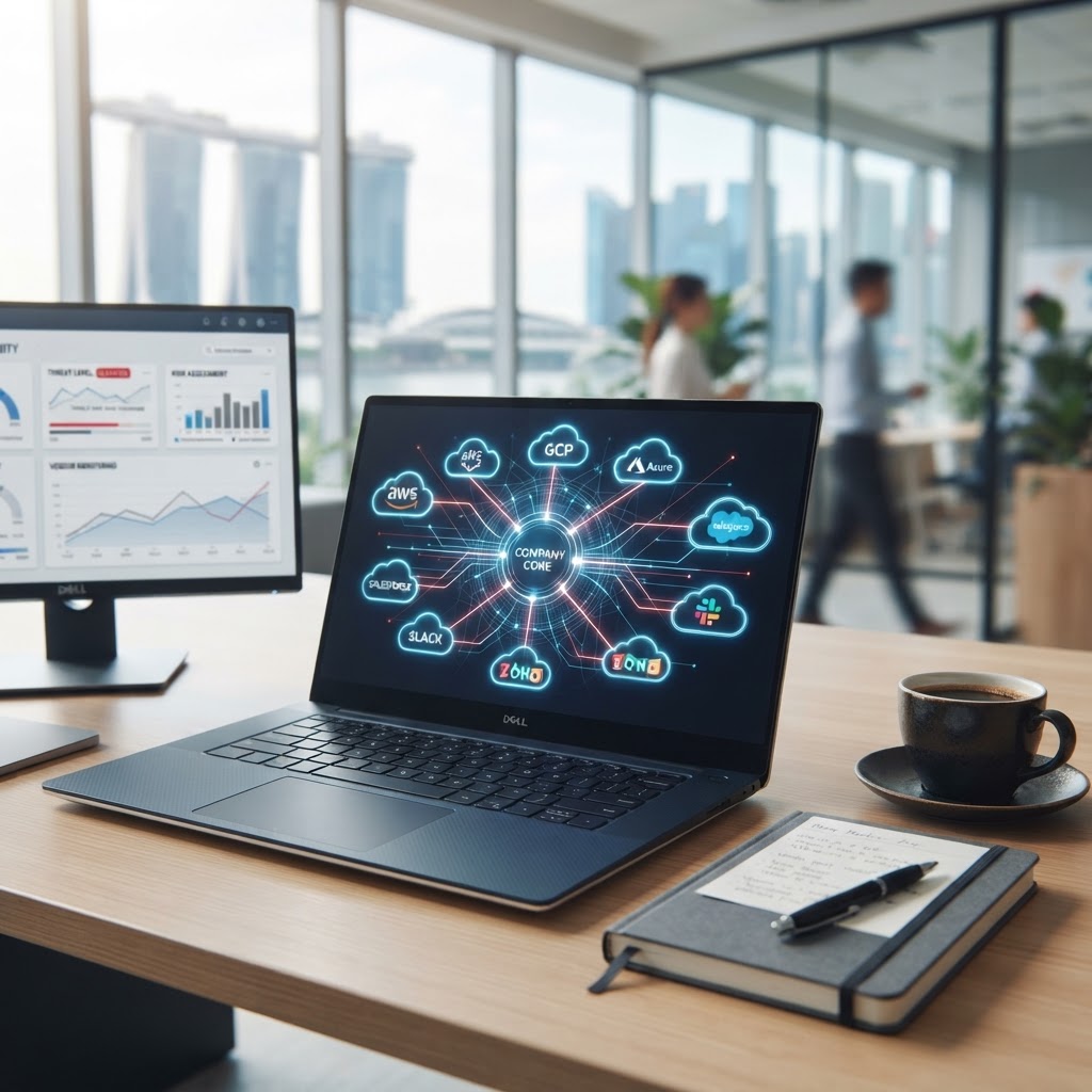 Laptop displaying a network of connected external cloud services, illustrating third-party cyber risk for Singapore businesses